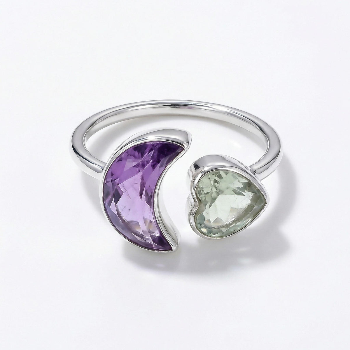 Amethyst Moon & Heart Ring: 925 Sterling Silver Celestial Jewelry