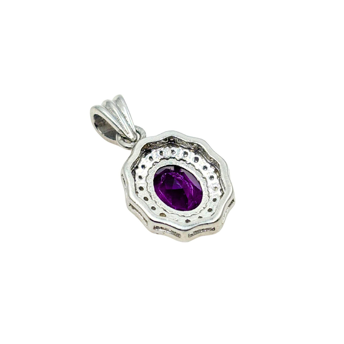 Amethyst CZ Double Halo Pendant in 925 Sterling Silver – Luxe Oval Purple Gemstone Necklace, Sparkling February Birthstone Jewelry