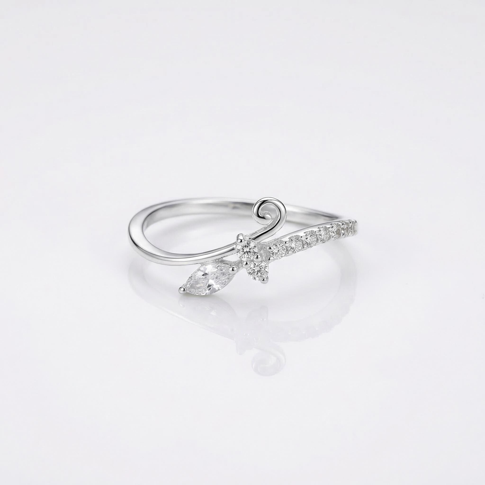 Silver Leaf Ring, Marquise CZ Vine, Minimalist Nature Jewelry