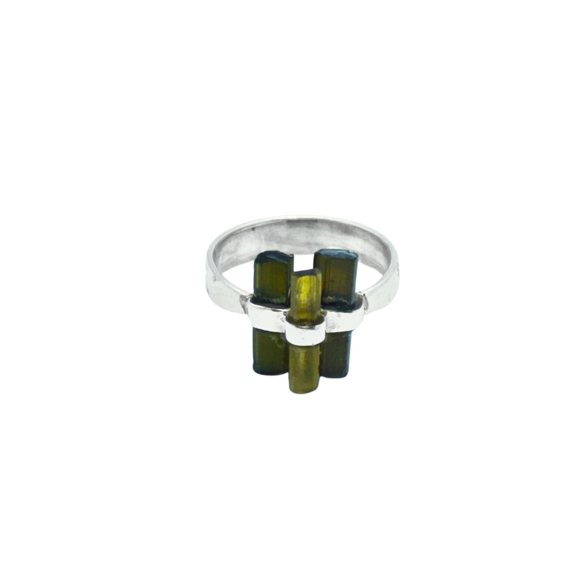 Raw Green Tourmaline Cluster Ring: Sterling Silver Boho Statement Jewelry