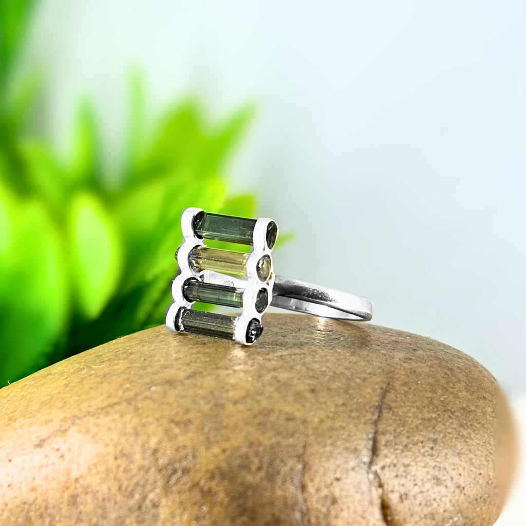 Raw Green Tourmaline Bar Ring: Sterling Silver October Birthstone
