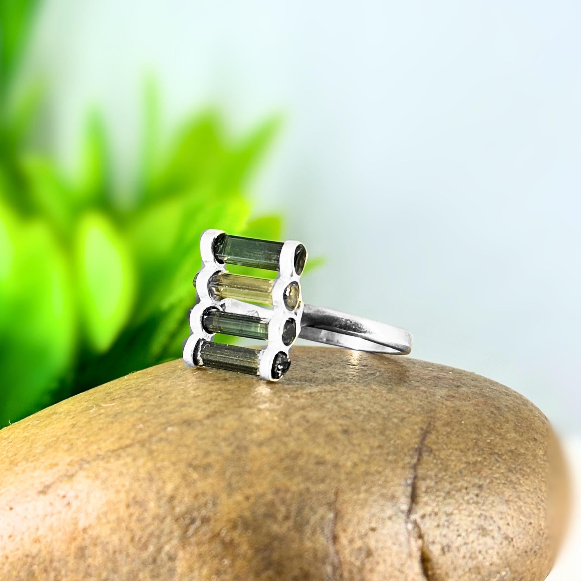 Raw Green Tourmaline Bar Ring: Sterling Silver October Birthstone
