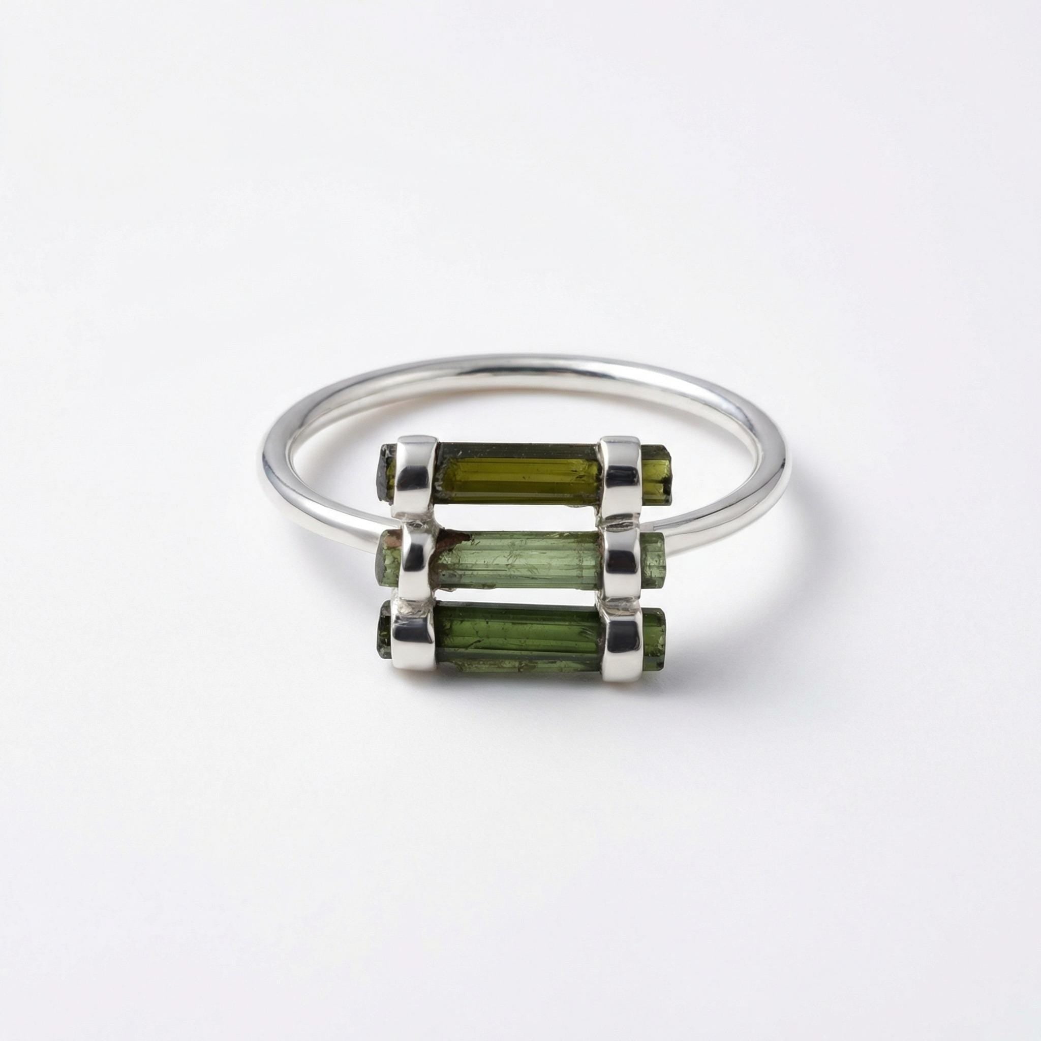 Raw Green Tourmaline Sterling Silver Ring: Handmade Open Band Jewelry