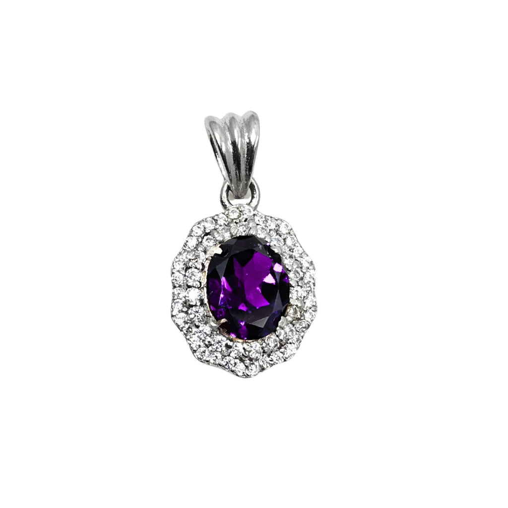 Amethyst CZ Double Halo Pendant in 925 Sterling Silver – Luxe Oval Purple Gemstone Necklace, Sparkling February Birthstone Jewelry
