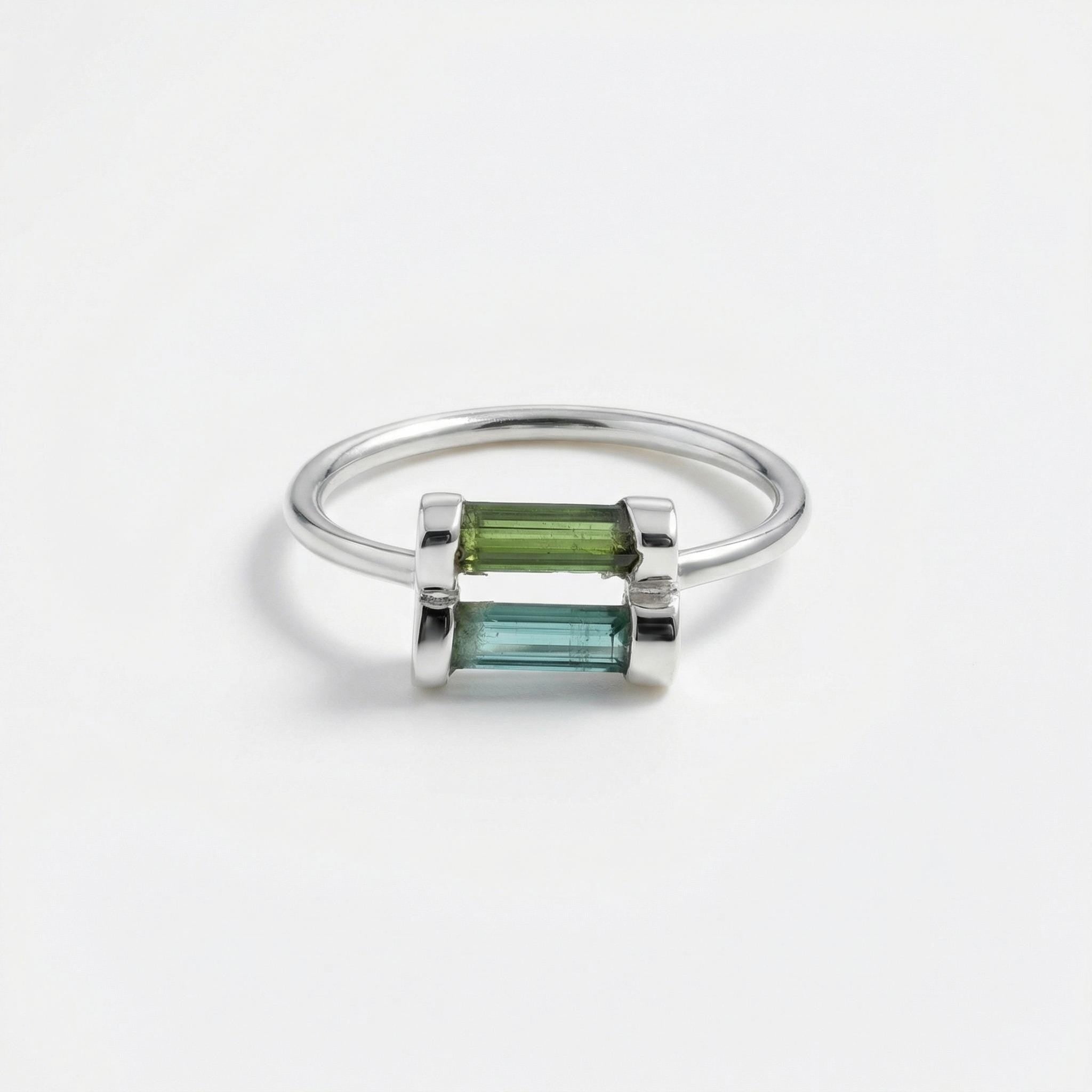 Raw Green & Blue Tourmaline Sterling Silver Ring: Modern Stacking Jewelry
