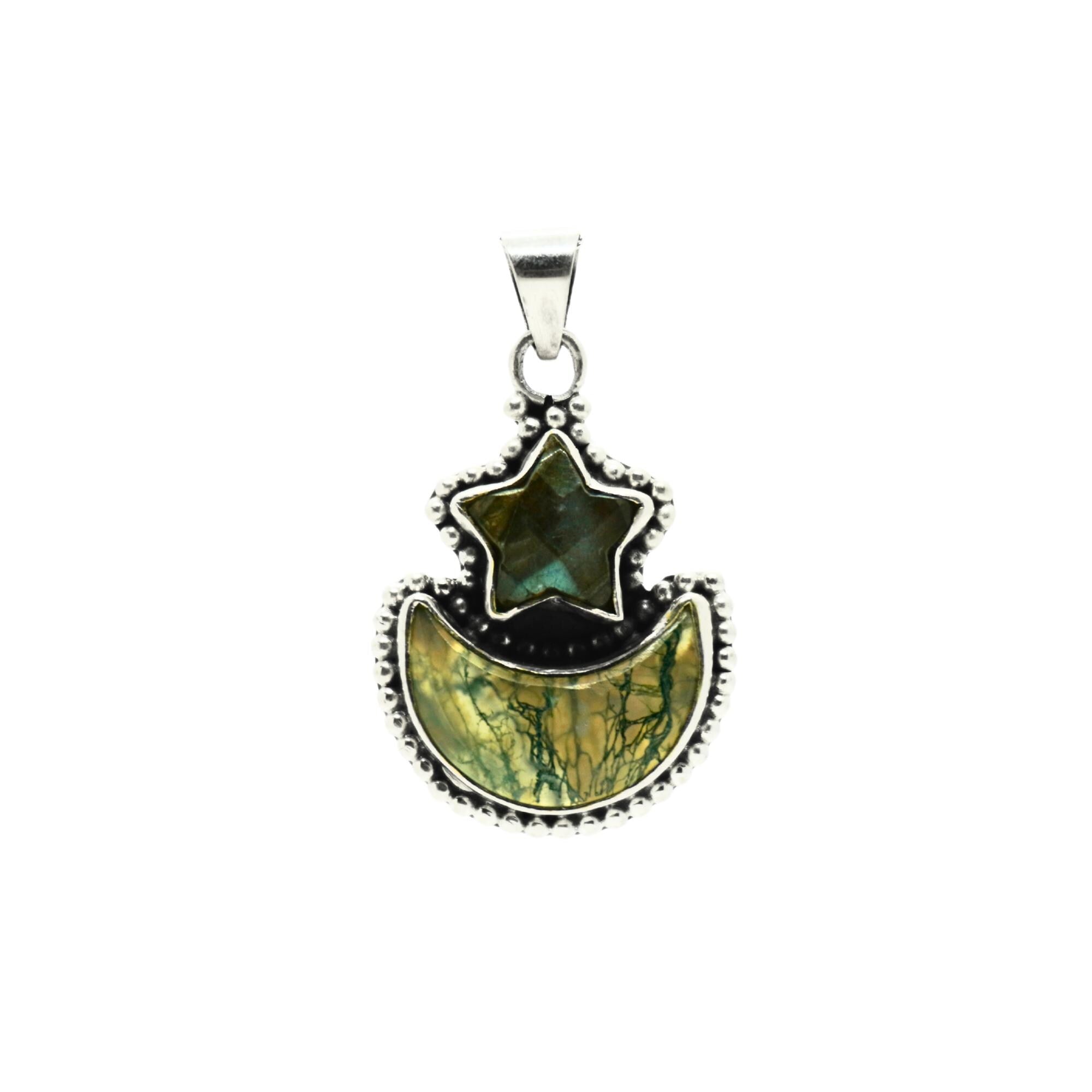 Moss Agate Moon & Labradorite Star Pendant | Sterling Silver Celestial Jewelry