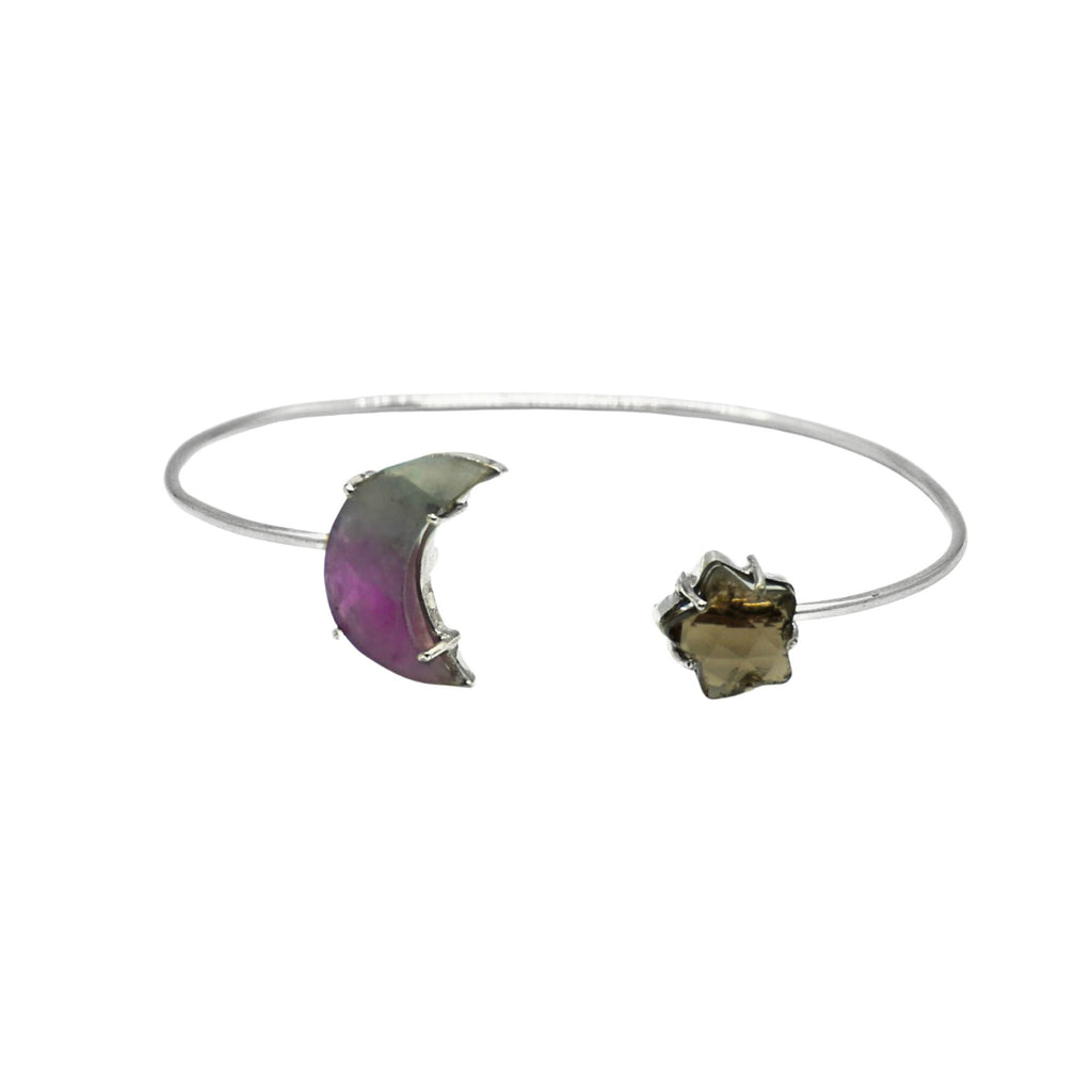 Sterling Silver Celestial Cuff Bracelet | Amethyst Moon, Smoky Quartz Star