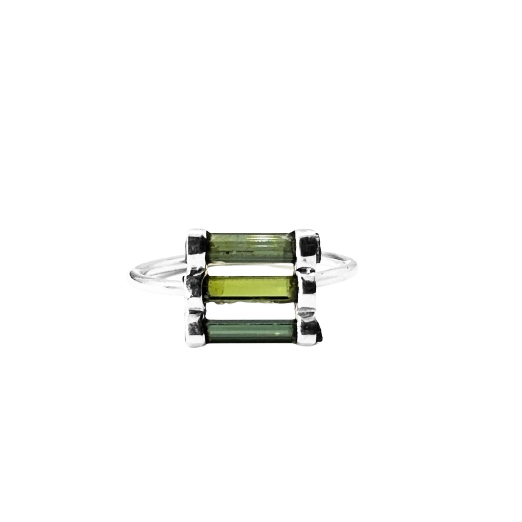 Raw Green Tourmaline Bar Ring: Sterling Silver Stacking Gemstone