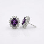 Amethyst CZ Stud Earrings 925 Sterling Silver | Oval Gemstone Studs | February Birthstone | Handmade Jewelry