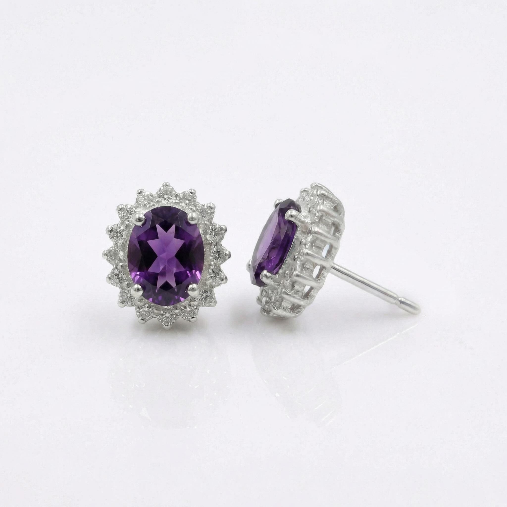 Amethyst CZ Stud Earrings 925 Sterling Silver | Oval Gemstone Studs | February Birthstone | Handmade Jewelry
