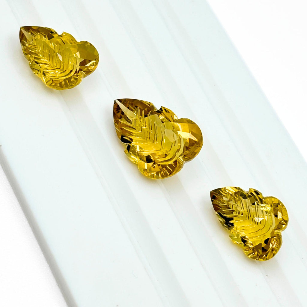 Hand-Carved Lemon Quartz Gemstone Pair – Floral Leaf Cut Stones