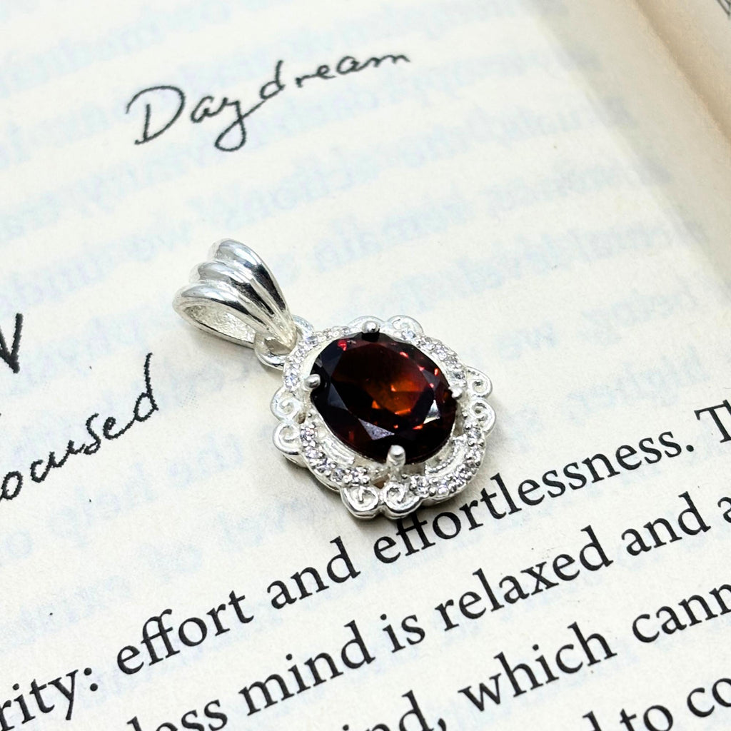 Garnet CZ Halo Pendant in 925 Sterling Silver – Vintage Style Oval Red Gemstone Necklace, January Birthstone Jewelry Gift for Her