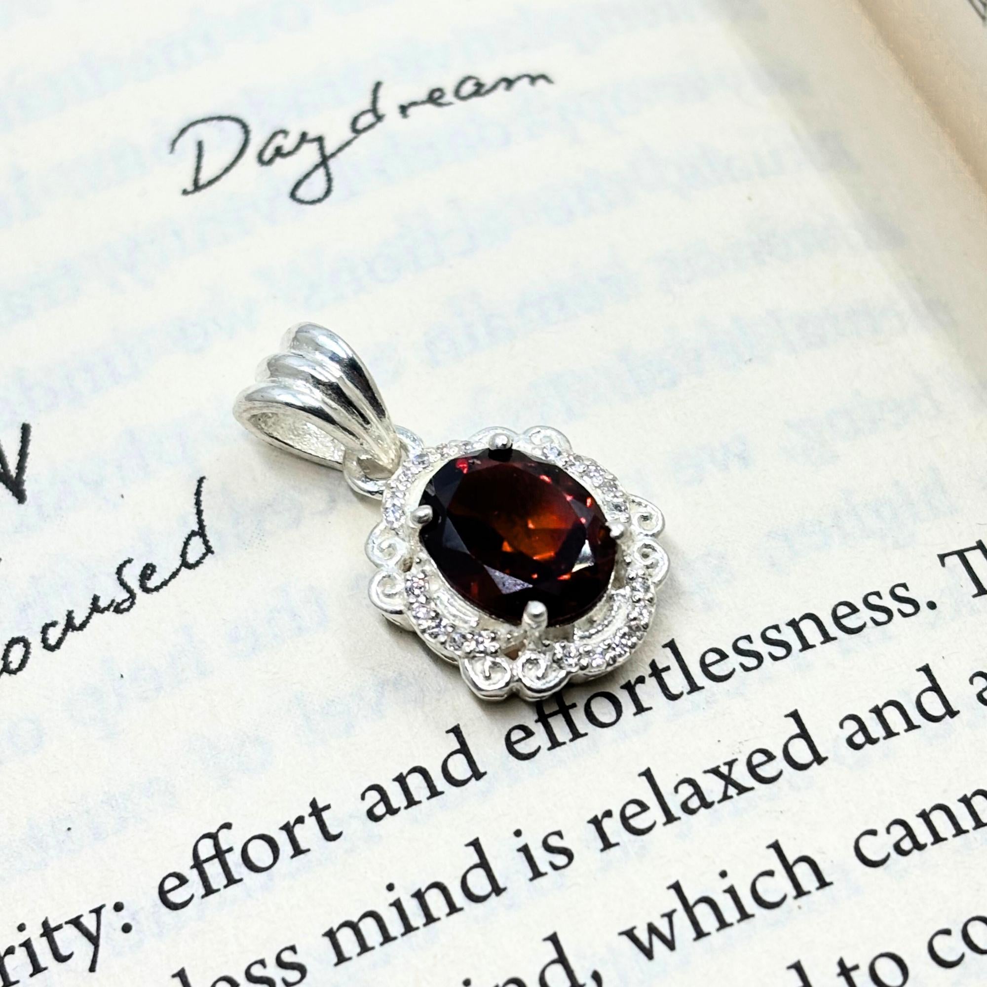 Garnet CZ Halo Pendant in 925 Sterling Silver – Vintage Style Oval Red Gemstone Necklace, January Birthstone Jewelry Gift for Her