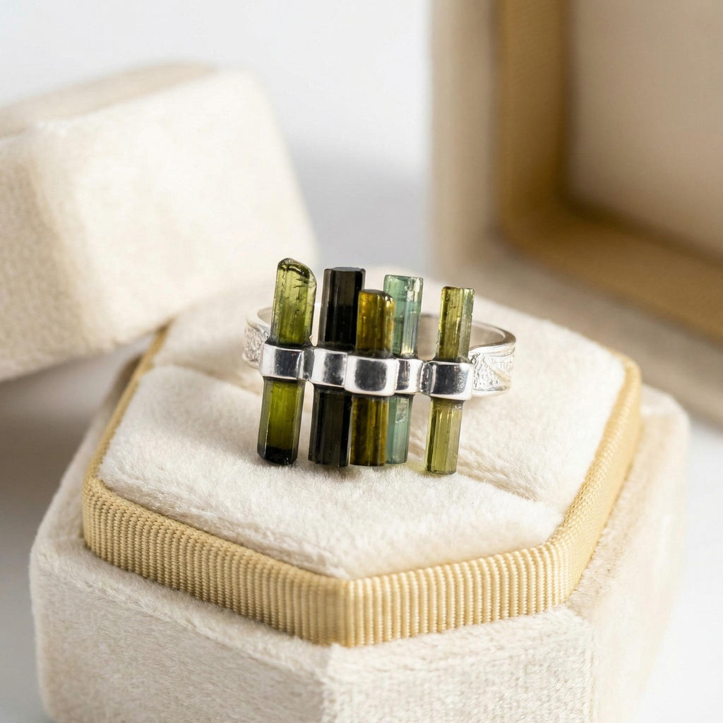 Raw Green Tourmaline Bar Ring: Sterling Silver Minimalist Stacking Ring