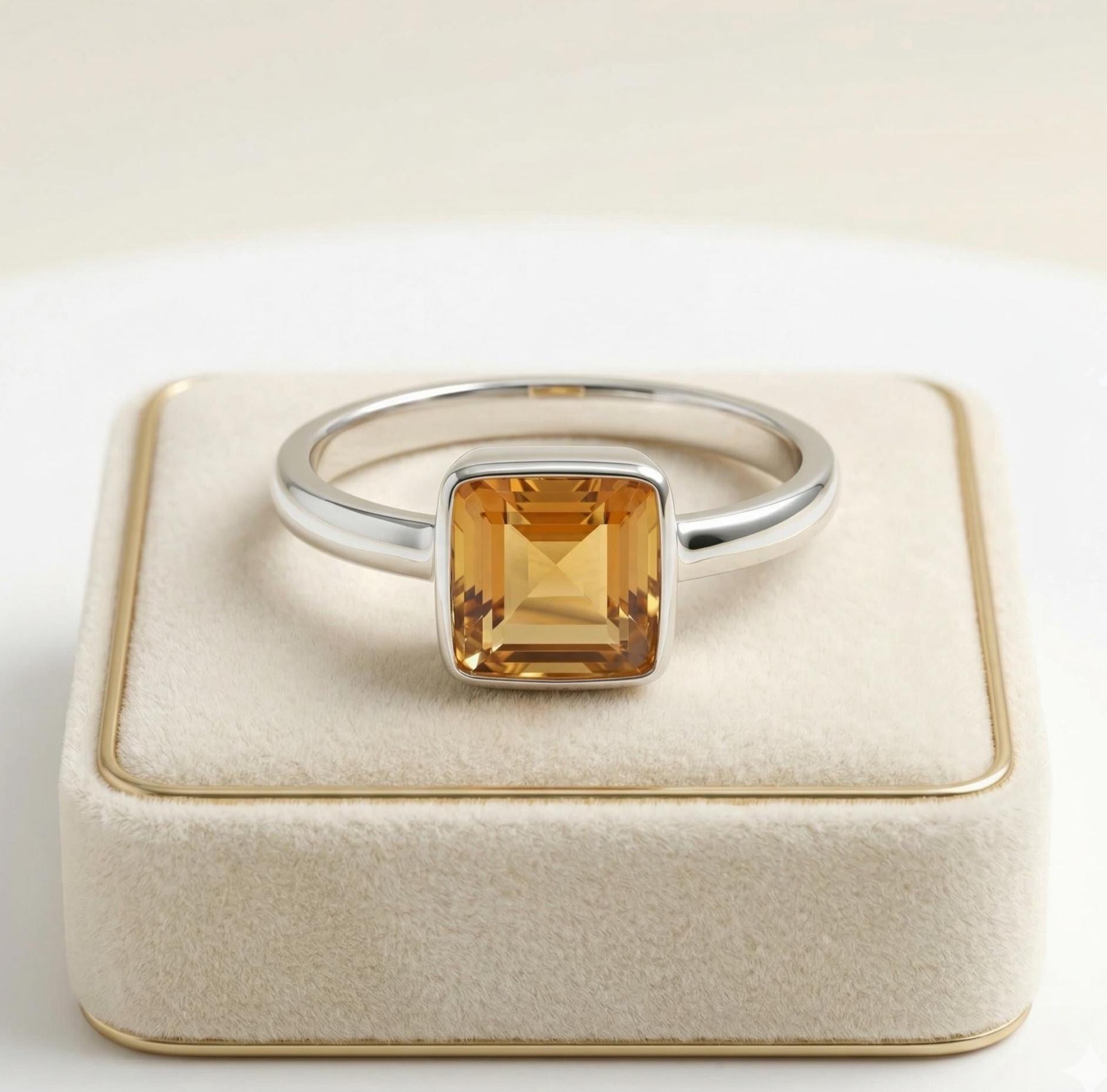 Sterling Silver Cushion Citrine Ring: Handmade Minimalist Gemstone