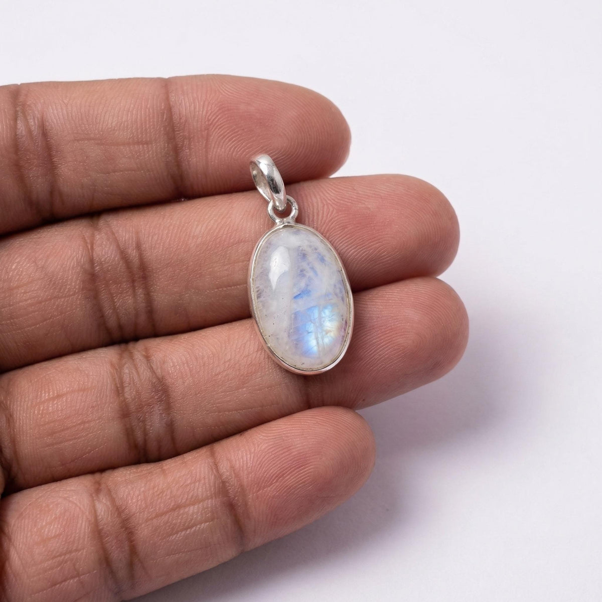 Oval Rainbow Moonstone Pendant – Sterling Silver Boho Gemstone Necklace