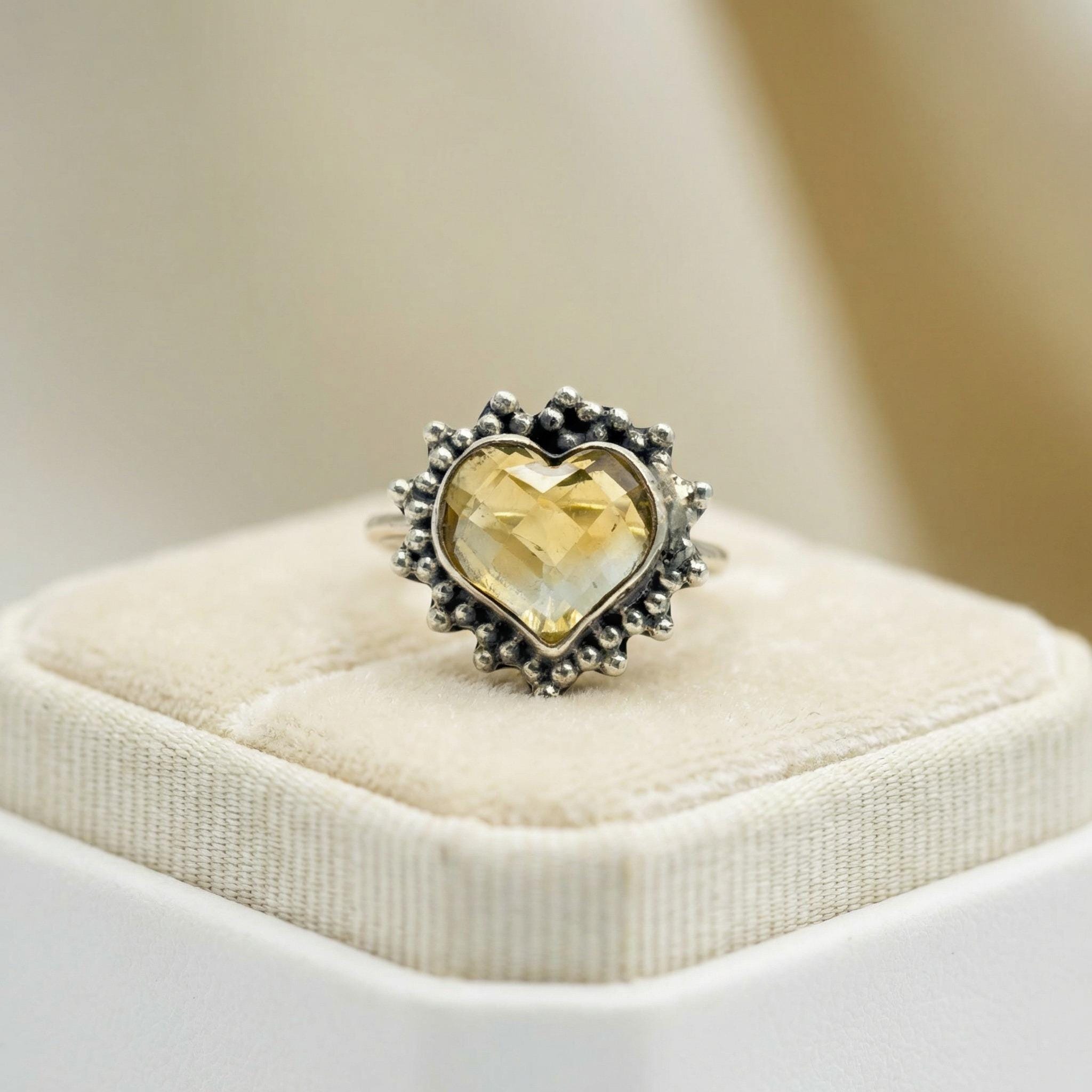 Citrine Heart Ring – 925 Sterling Silver, Faceted Yellow Gemstone, Handmade Promise or Statement Ring