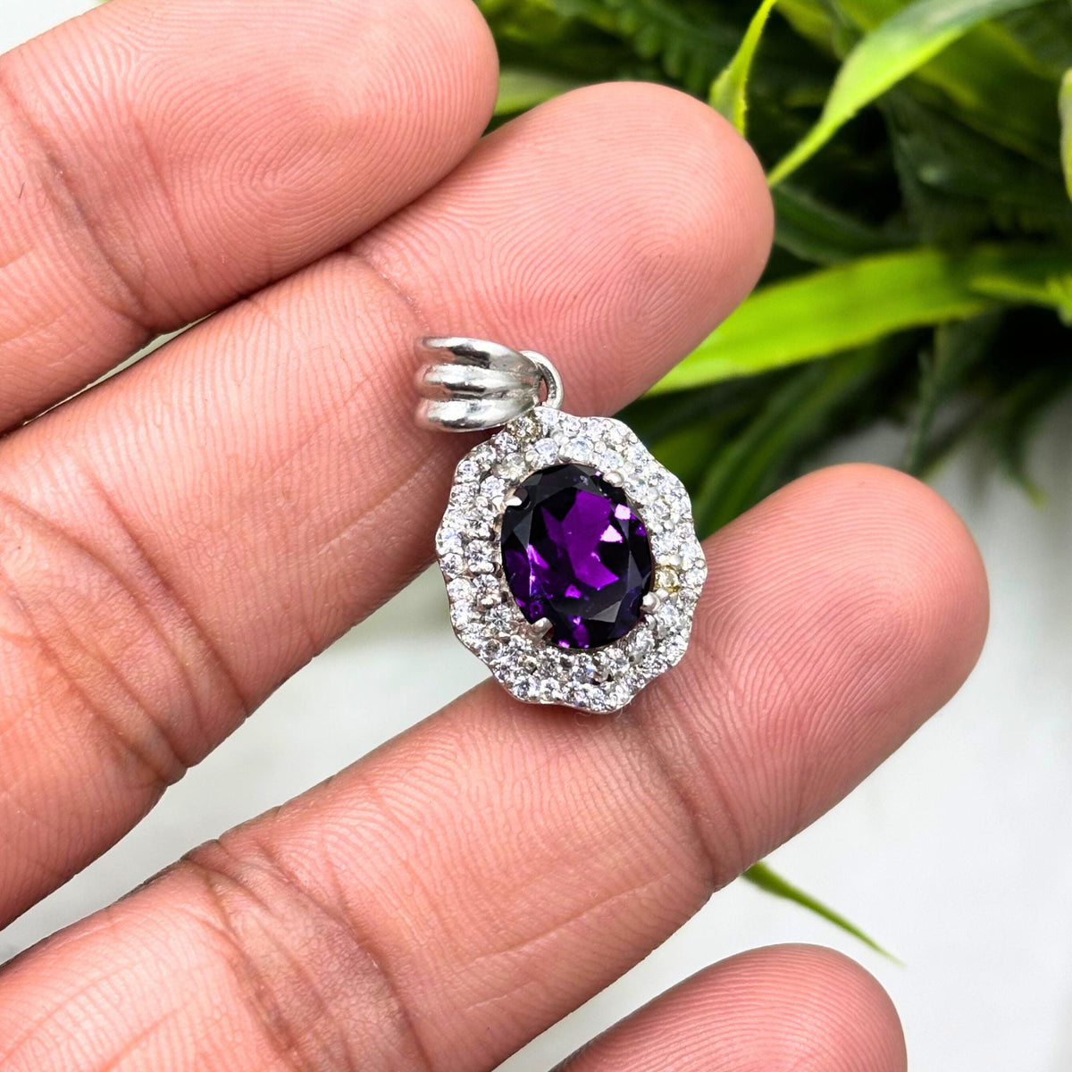 Amethyst CZ Double Halo Pendant in 925 Sterling Silver – Luxe Oval Purple Gemstone Necklace, Sparkling February Birthstone Jewelry