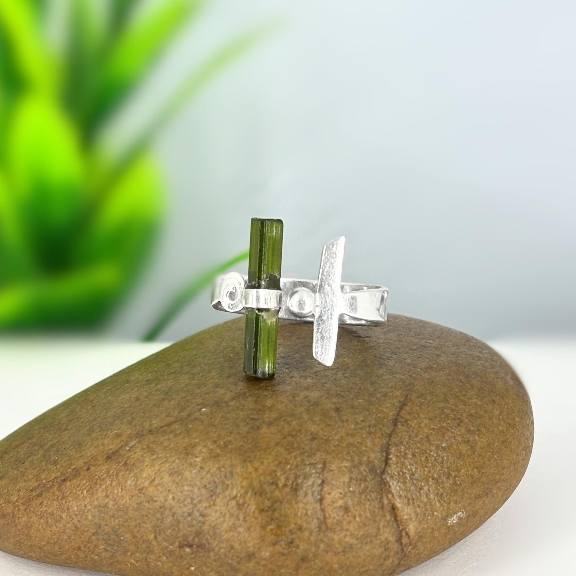 Raw Green Tourmaline Bar Sterling Silver Ring | Handmade Stacking Ring | Minimalist Gemstone Jewelry Gift