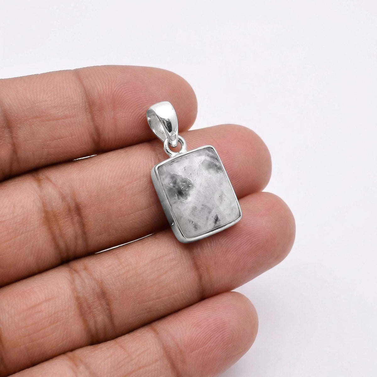 Rectangle Moonstone Pendant – Sterling Silver Boho Gemstone Jewelry