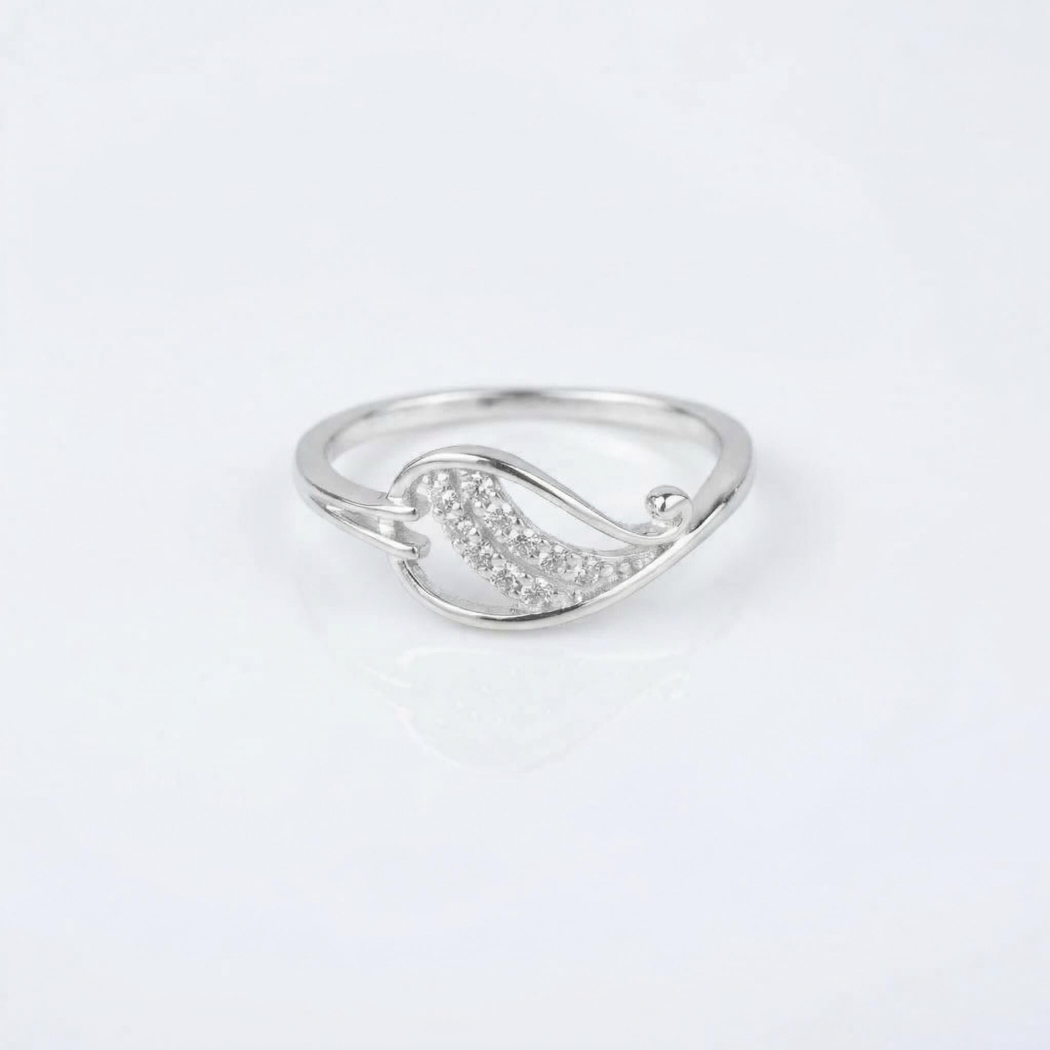 Sterling Silver CZ Paisley Ring, Pavé Wave Band, Boho Stacking Jewelry
