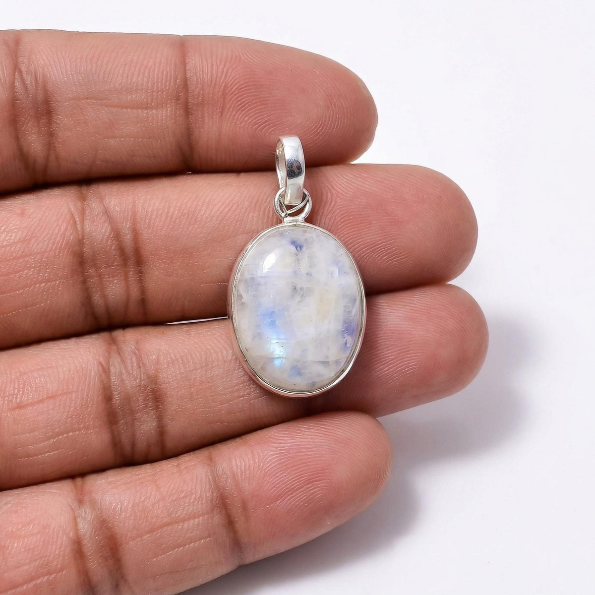 Oval Rainbow Moonstone Pendant – Sterling Silver Boho Gemstone Necklace