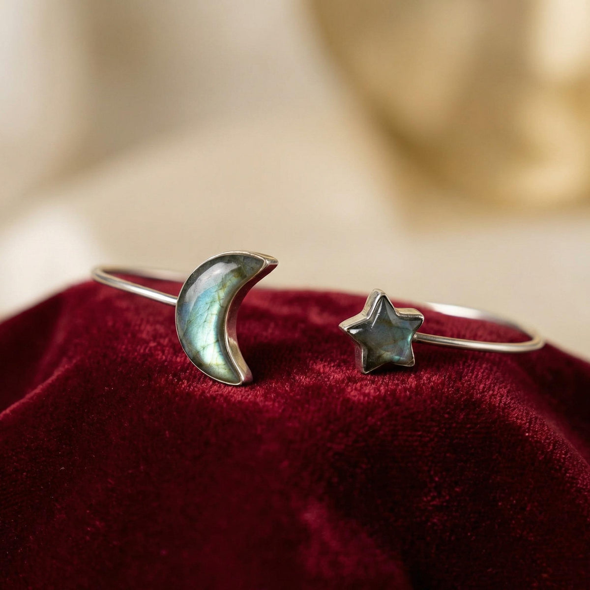 Sterling Silver Labradorite Moon Star Cuff Bangle | Celestial Boho Adjustable Bracelet