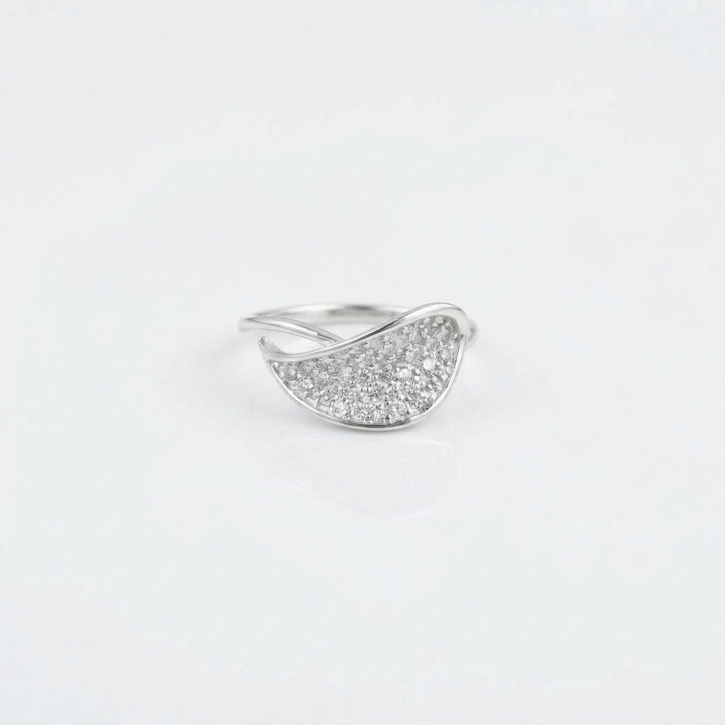 Sterling Silver CZ Leaf Ring, Pavé Curved Open Band, Boho Nature Jewelry