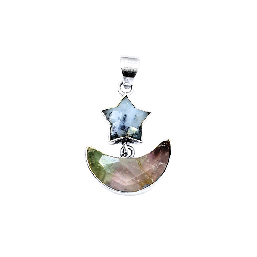 Dendritic Agate Star and Rainbow Fluorite Moon Pendant in 925 Sterling Silver – Celestial Gemstone Necklace, Boho Jewelry Gift for Her