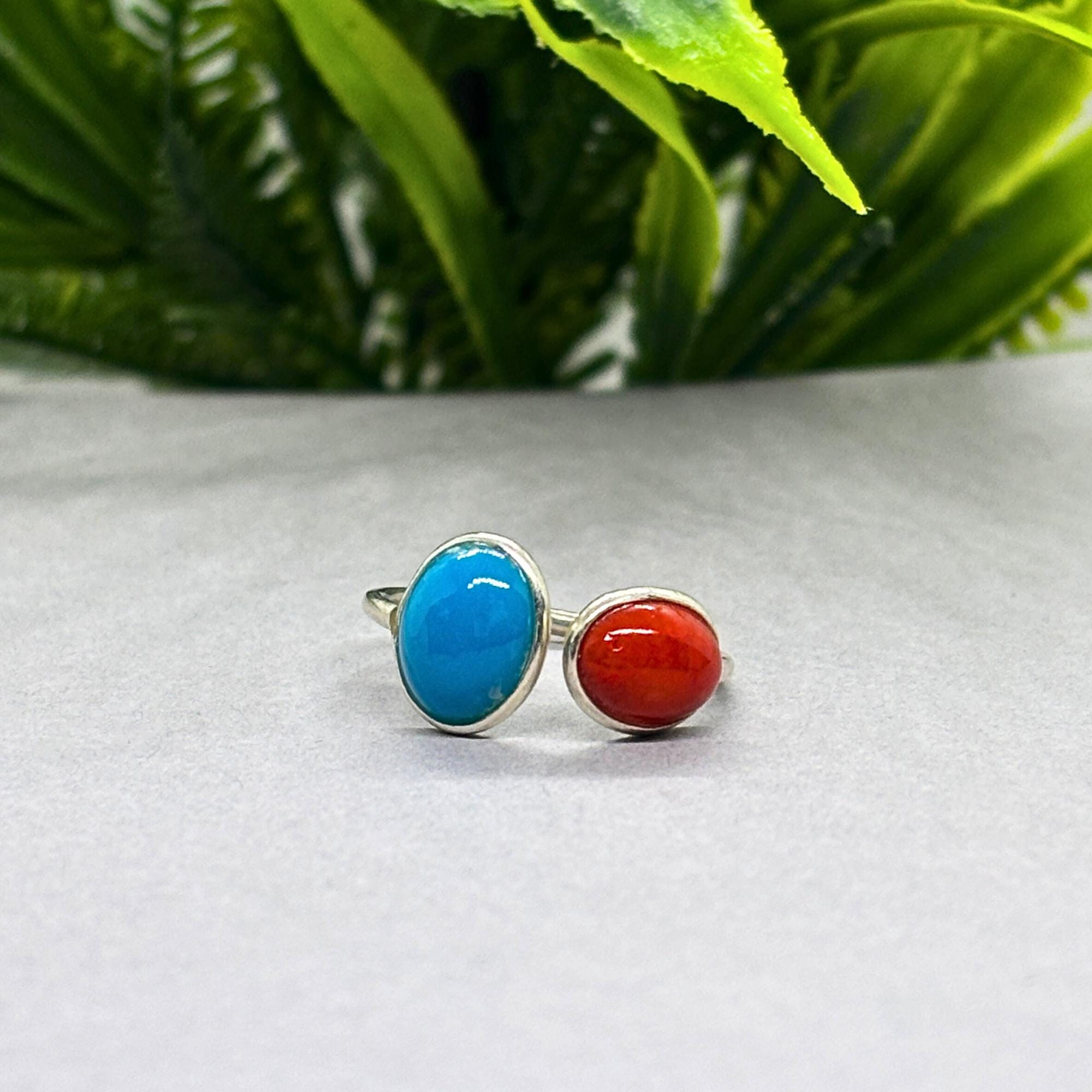 Natural Turquoise & Coral Ring | 925 Sterling Silver | Boho Gemstone Band | Handmade Ring Jaipur