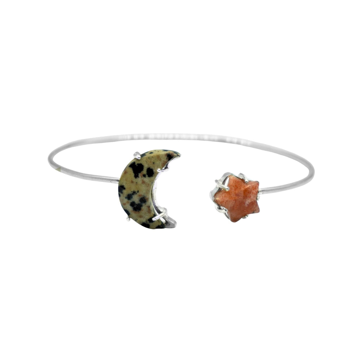 Dalmatian Jasper Sunstone Moon Star Bracelet | Sterling Silver Celestial Cuff Bangle