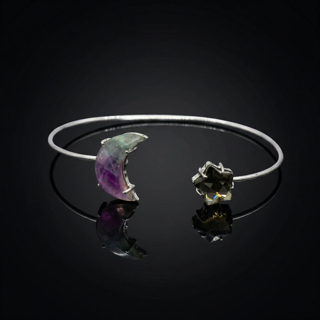 Sterling Silver Celestial Cuff Bracelet | Amethyst Moon, Smoky Quartz Star