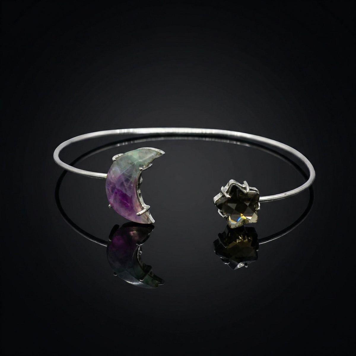 Sterling Silver Celestial Cuff Bracelet | Amethyst Moon, Smoky Quartz Star