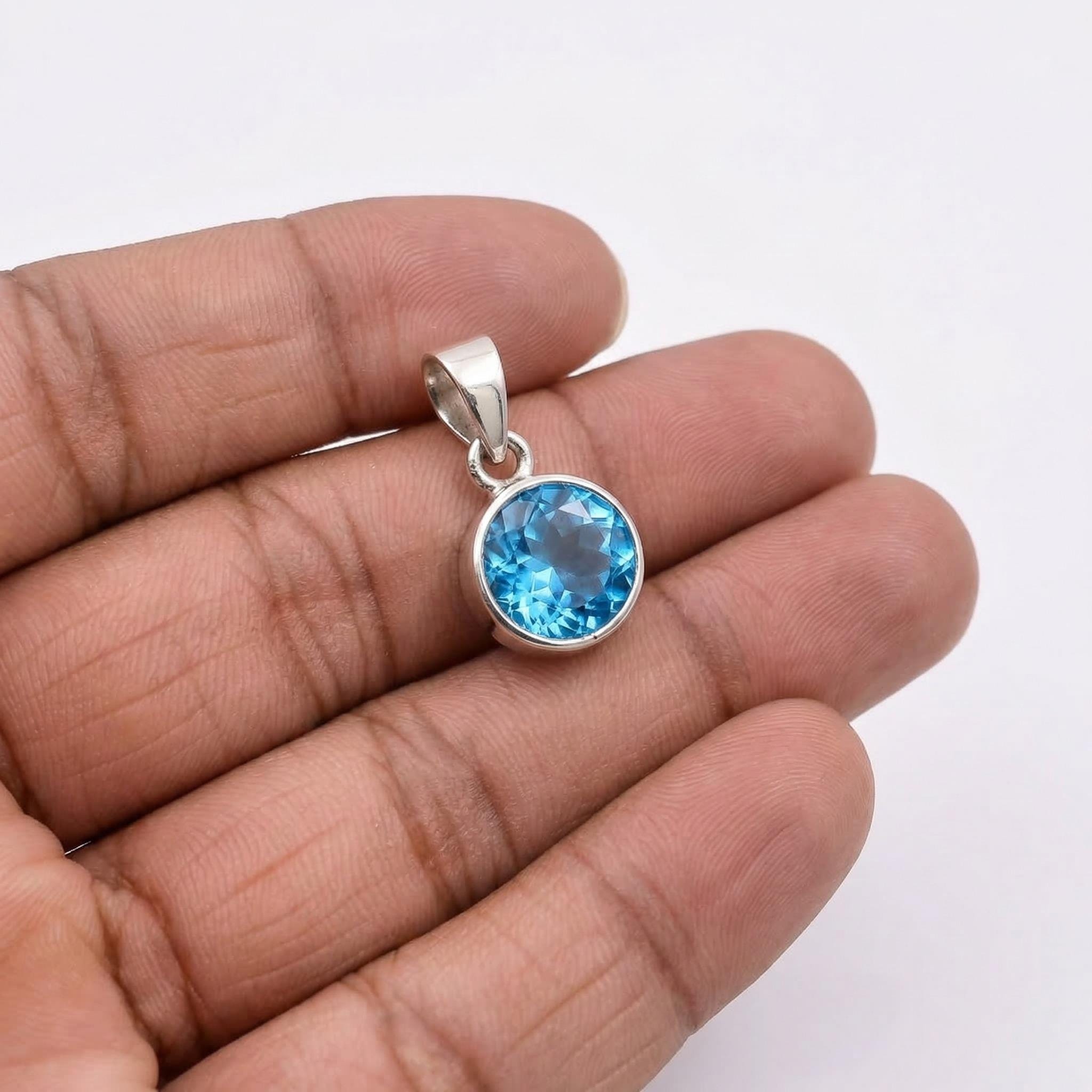 Sterling Silver Blue Topaz Pendant – Round Faceted December Birthstone Necklace
