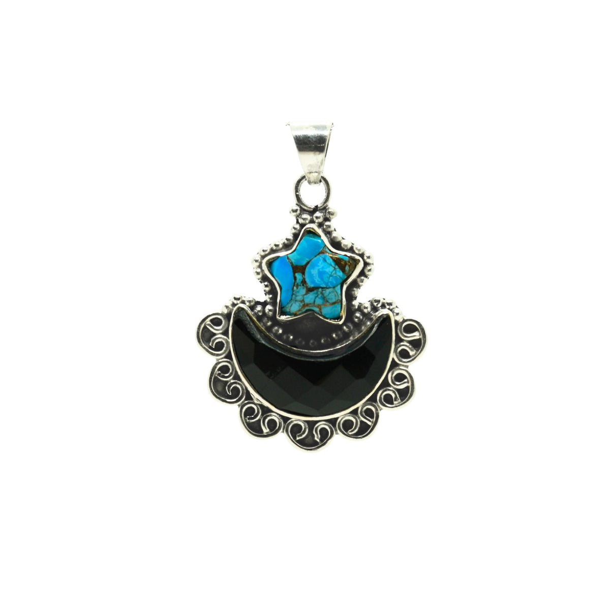 Turquoise Star & Black Onyx Moon Pendant: Sterling Silver Celestial Jewelry