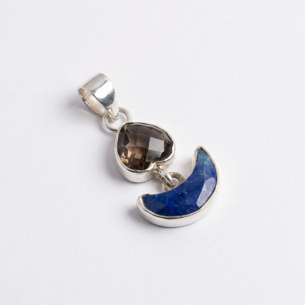 Smoky Quartz Heart & Lapis Lazuli Moon Pendant: Sterling Silver Celestial Charm