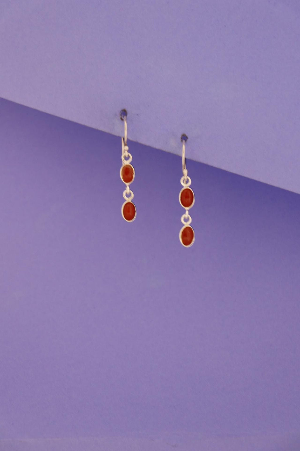 Red Coral Oval Drop Earrings | 925 Sterling Silver Dangle | Artisan Handmade Boho Jewelry