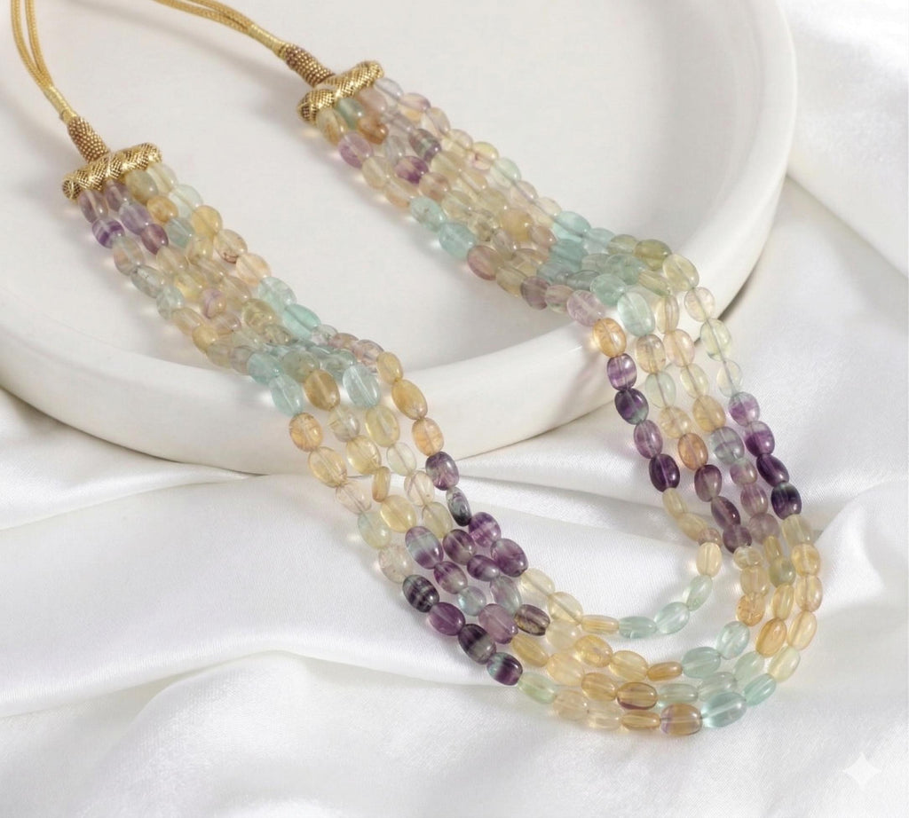 Multi-Color Oval Fluorite Gemstone Necklace, 4-Strand Beaded Jewelry