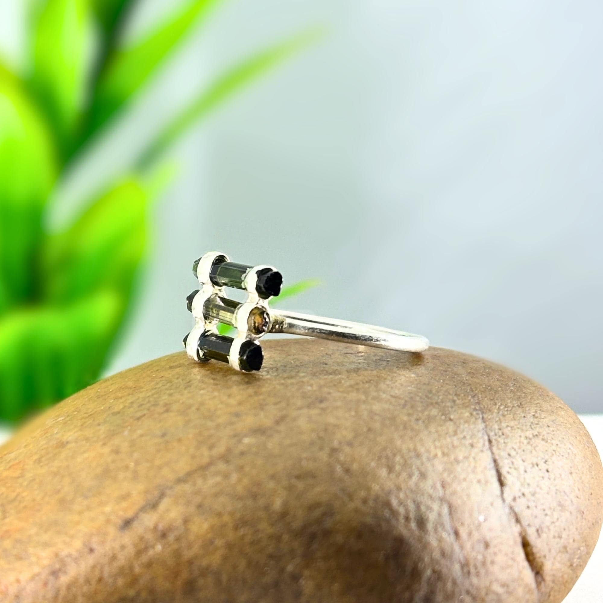 Raw Green Tourmaline Sterling Silver Ring: Handmade Open Band Jewelry