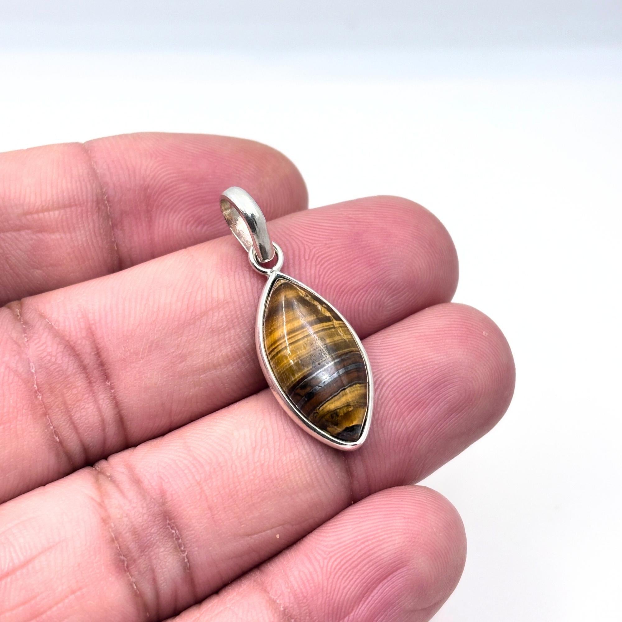 Tiger Eye Pendant Necklace, 925 Sterling Silver Boho Protection Amulet, Healing Crystal Jewelry Gift for Her