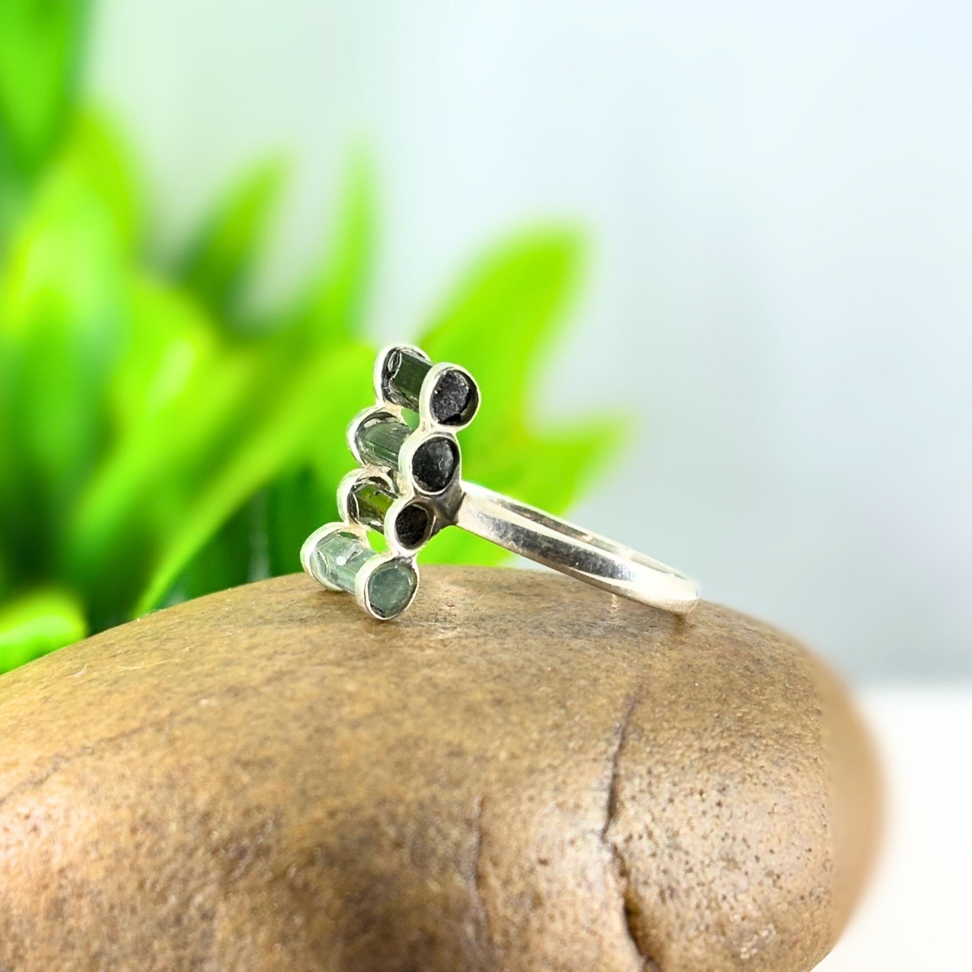 Raw Green Tourmaline Bar Ring: Sterling Silver October Birthstone