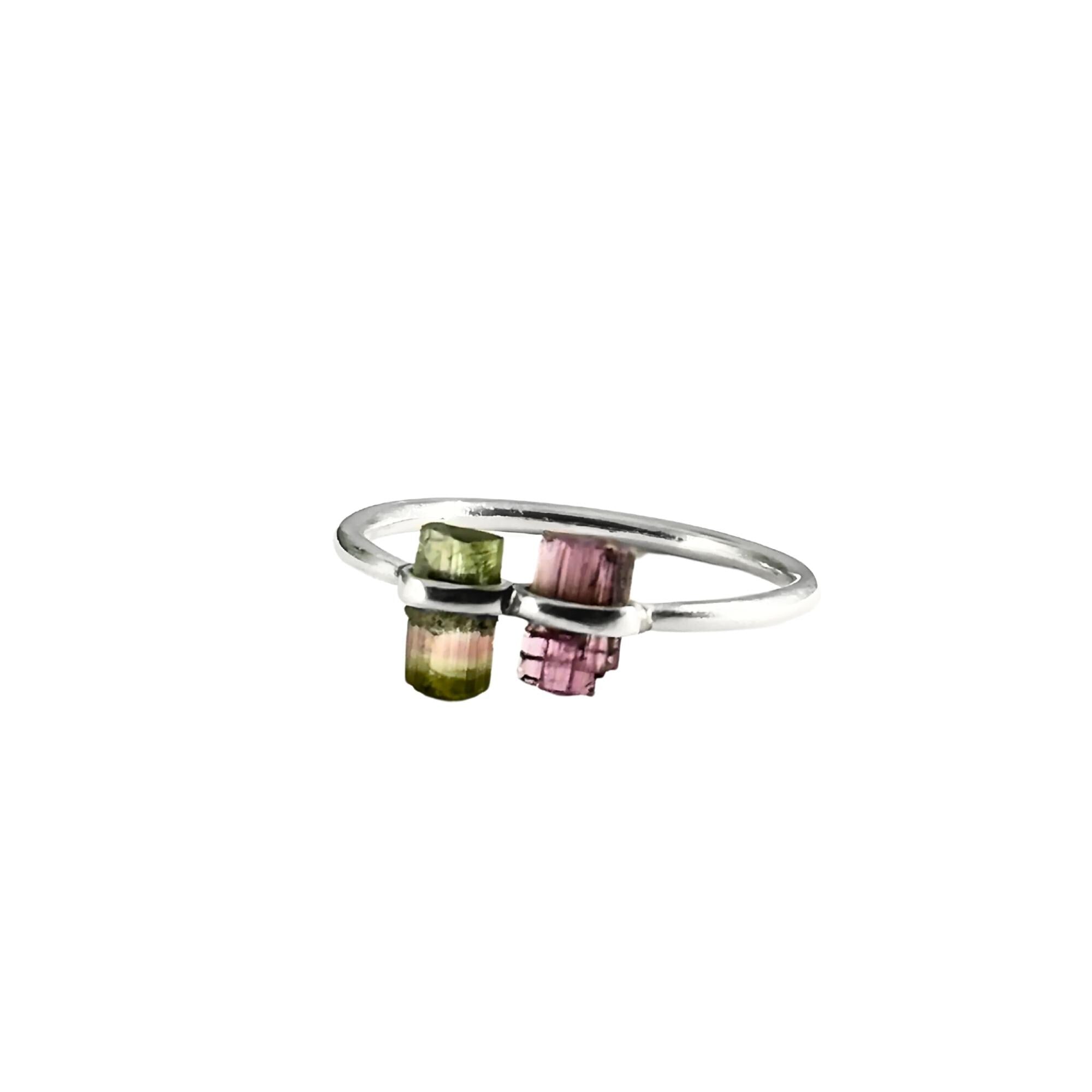 Watermelon Tourmaline Bar Sterling Silver Ring | Raw Gemstone Stacking Ring | Handmade Minimalist Statement Jewelry