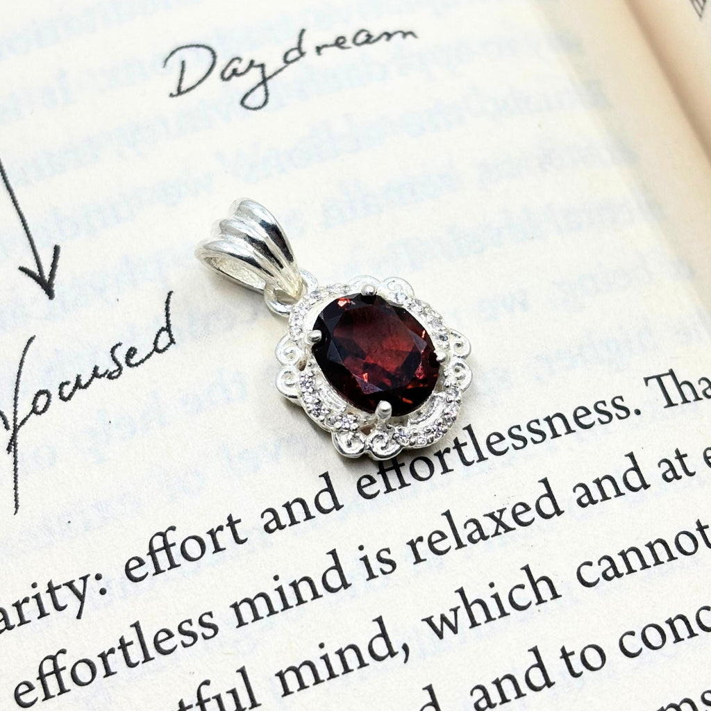 Garnet CZ Halo Pendant in 925 Sterling Silver – Vintage Style Oval Red Gemstone Necklace, January Birthstone Jewelry Gift for Her