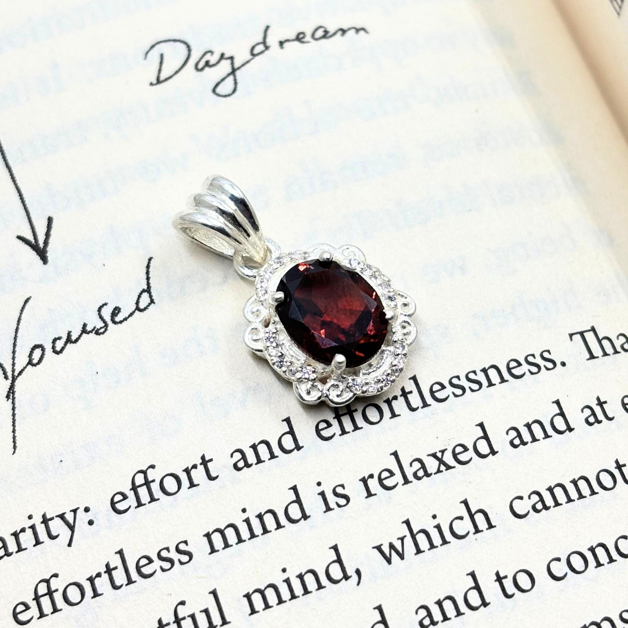 Garnet CZ Halo Pendant in 925 Sterling Silver – Vintage Style Oval Red Gemstone Necklace, January Birthstone Jewelry Gift for Her