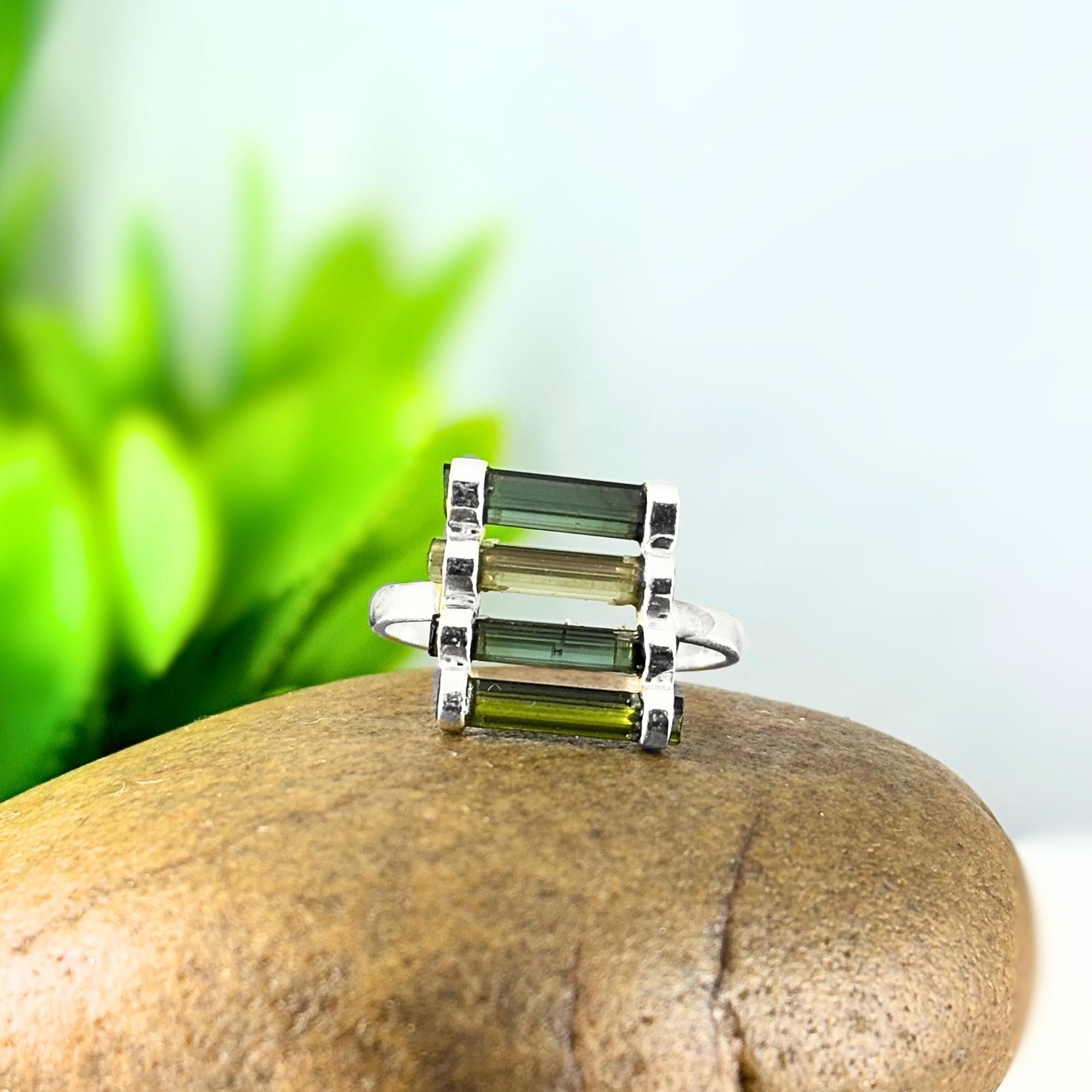 Raw Green Tourmaline Bar Ring: Sterling Silver October Birthstone