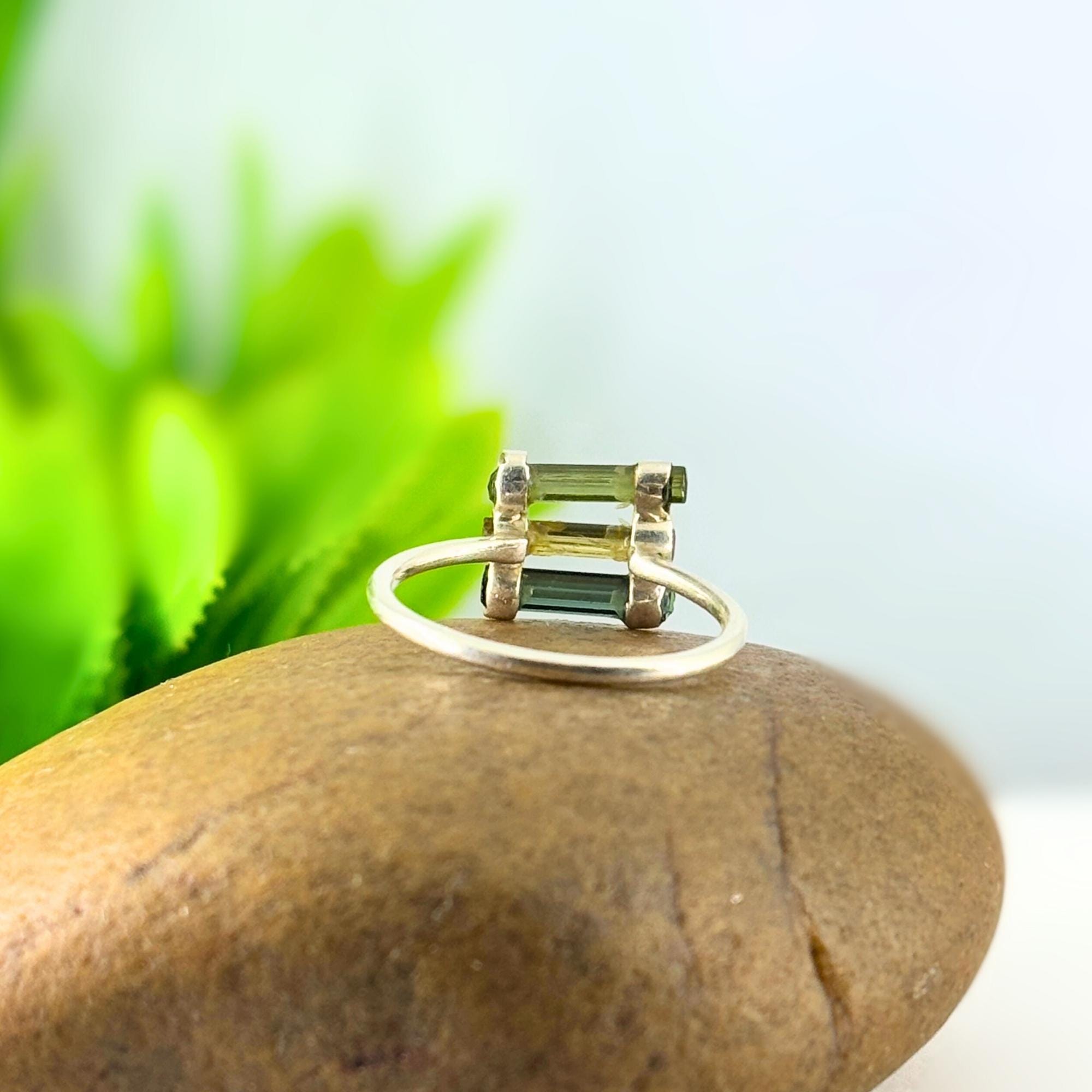 Raw Green Tourmaline Sterling Silver Ring: Handmade Open Band Jewelry