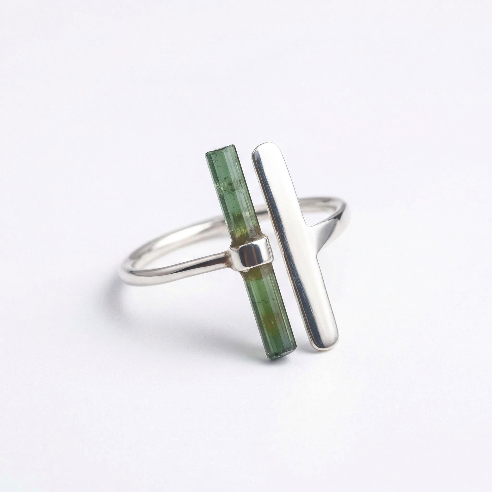 Raw Green Tourmaline Bar Ring: Adjustable Sterling Silver Boho Jewelry