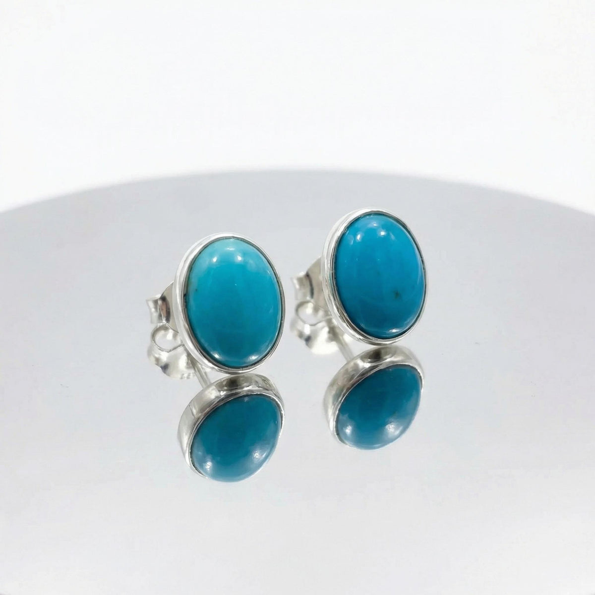 Natural Oval Turquoise Stud Earrings 925 Sterling Silver - December Birthstone Natural Cabochon