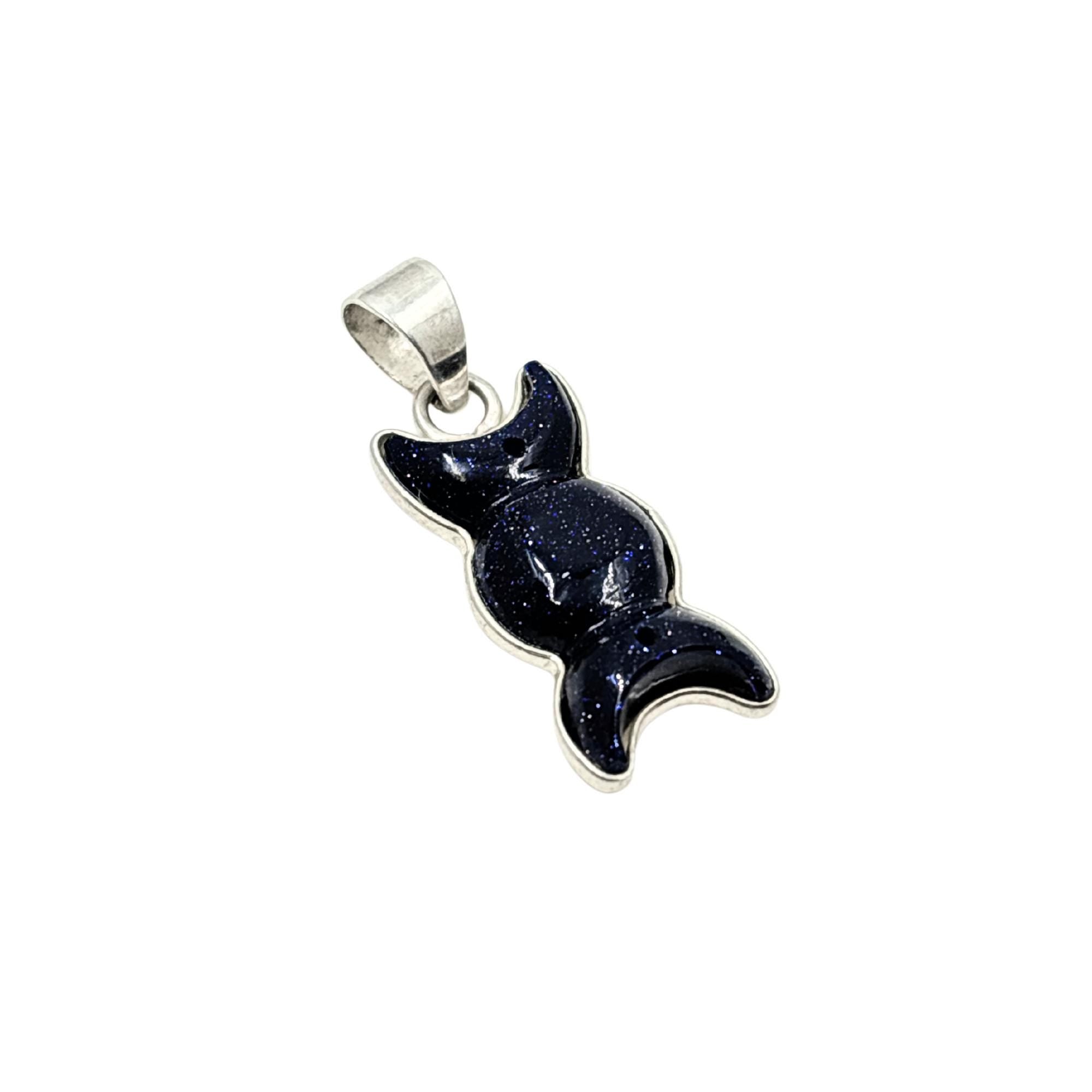 Triple Moon Blue Sunstone Pendant in 925 Sterling Silver– Wiccan Goddess Moon Phase Necklace, Sparkling Midnight Crystal Jewelry Gift forHer