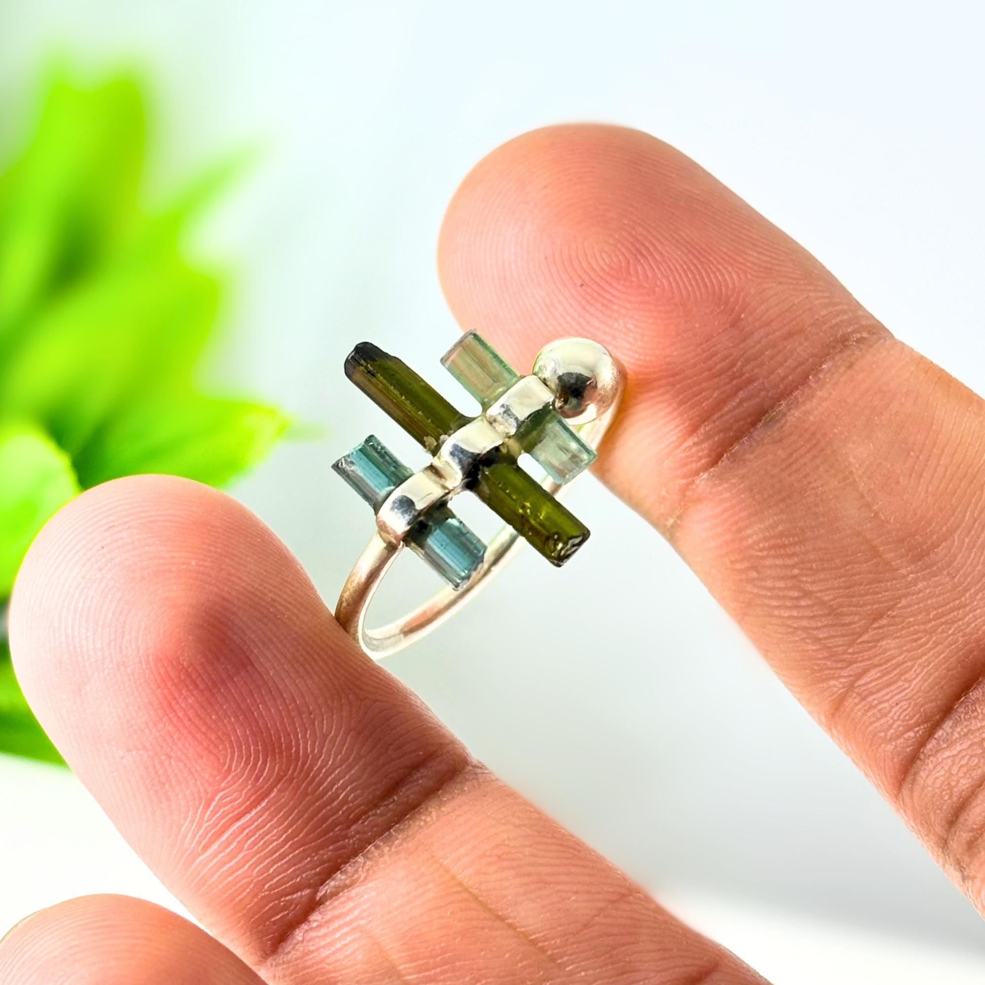 Raw Multi-Tourmaline Bar Sterling Silver Ring | Handmade Gemstone Stacking Ring | Minimalist Open Band Jewelry